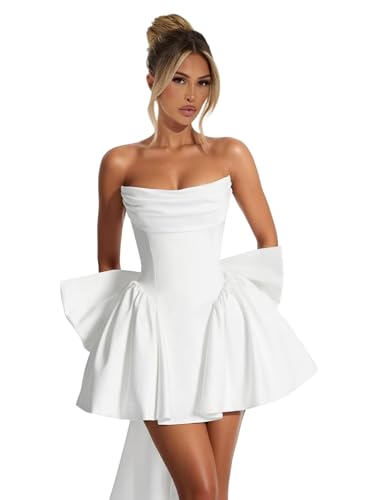 Kibbih Short Prom Dress 2026 with Bow Satin Strapless A-Line Formal Dresses for Homecoming Party White