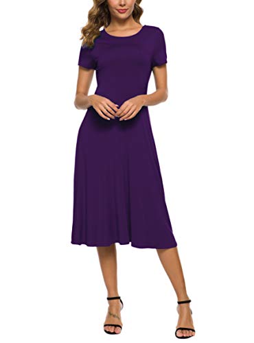 Image of EXCHIC Women's Casual Round Neck Short Sleeve Midi Dress Solid Stretchy Waist Knee Long Dress