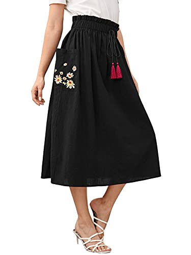 SweatyRocks Women's Casual Paper Bag Waist A Line Pleated Midi Skirt with Pockets3