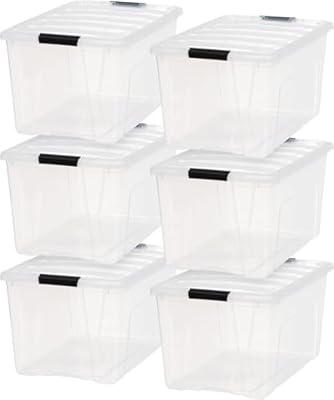 IRIS USA 72 Qt Stackable Plastic Storage Bins with Lids, 6 Pack - BPA-Free, Made in USA - See-Through Organizing Solution, Latches, Durable Nestable Containers, Secure Pull Handle - Clear