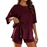 QJDFLL Trendiger Shorts Anzug für den Alltag und Urlaub. Stilvolles Rundhals Design. Einfarbiges Outfit, ideal Sommerabenteuer mit Turnschuhen(Brick Rot,L)