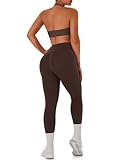 TDIFFUN Women Workout Sets 2 Piece Seamless Scrunch Butt Leggings Padded Halter Sports Bra Matching Set Gym Yoga Outfits (Brown, Small)
