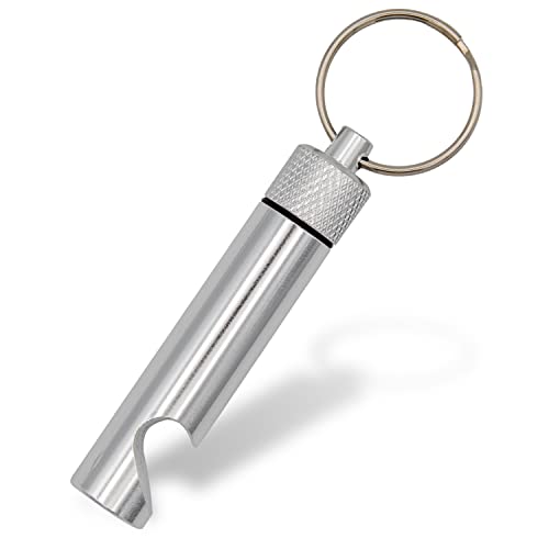 Aribari Porte-clés avec décapsuleur et boîte à pilules en aluminium étanche Boîte à pilules d'urgence Longueur 6,7 cm Diamètre 1,3 cm Argenté