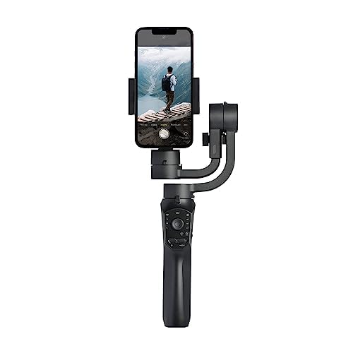 Image of Amazon Basics Handheld Gimbal Stabiliser with 3-Axis Feature and Tripod, Facial Tracking, Time Lapse, FPV, Up to 12 Hours Operational Time, Compatible with All Smart Phones (Dark Grey)