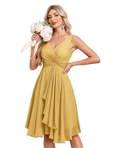 Image of Women's V Neck Short Bridesmaid Dresses 2025 Ruched Waist A Line Chiffon Formal Cocktail Party Dress