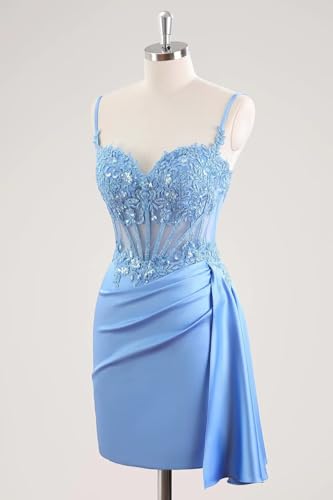 OFEECHUN Women's Spaghetti Straps Short Homecoming Dresses for Teens Satin Lace Applique Prom Cocktail Dress3