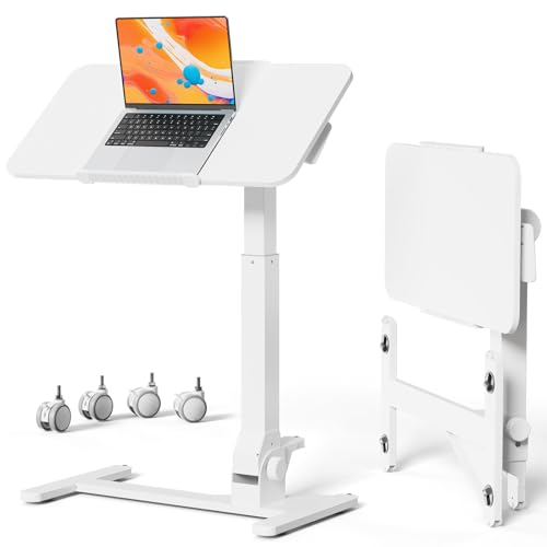 Image of JOY worker Foldable Mobile Standing Desk, 180 Tiltable Overbed Bedside Table with 4 Lockable Wheels, 31.5 inch Height Adjustable Rolling Laptop Desk for Home & Hospital Use, Easy Storage, White