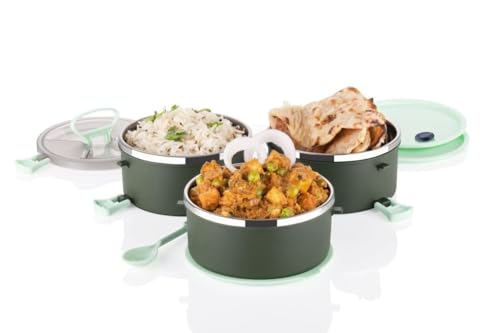 Image of 3 Tier Stainless Steel Insulated Lunch Box for Office Use | Leak-Proof Tiffin Box with Airtight Food Containers | Lunch Box for Men Women Kids with Handle & Side Locks (Multicolor)(1-pcs)