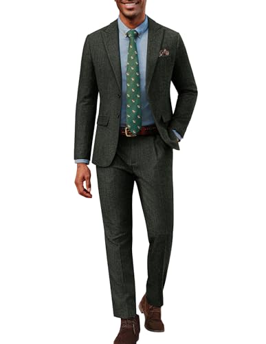 PJ PAUL JONES Mens 2 Piece Suit Vintage Herringbone Tweed Suits 2 Button Peak Lapel Blazer Pants Set