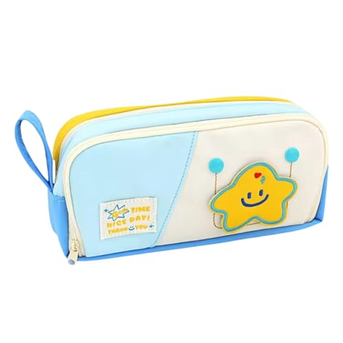 Image of Alokik Cute Star Pencil Pouch for Kids, Large Capacity Zippered Pen Case with Mesh Pocket & Pen Holder Slots, Kawaii Blue Yellow School Stationery Organizer for Girls Boys (Smiley - Blue)