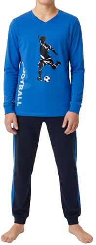 In One Clothing - Jungen Schlafanzug lang, weicher Single-Jersey aus 100% Baumwolle - mit Fussball Motiv und dunkelblau/blau gestreifter Hose Grösse...