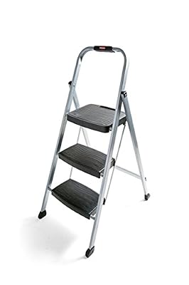 Rubbermaid RM-3W Folding 3-Step Steel Frame Stool with Hand Grip and Plastic Steps, 200-Pound Capacity, Silver Finish