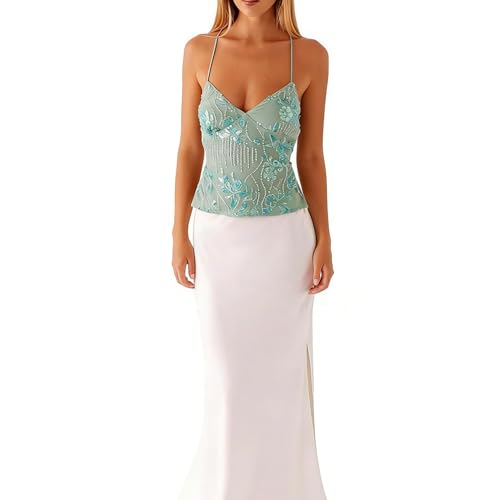 Women Sequin Beaded Backless Criss Cross Straps Cami Rhinestone Sparkle Sleeveless V Neck Camisole Open Back Crop Top Light Green
