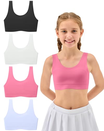 Sascina Girls Bras 8-10 Years Old Seamless Training Bras for Girls Sports Bras Stretchy Comfortable- No Pads, Chest Double Lined, Medium Black/White/Pink/Blue