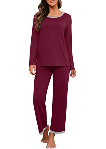 PrinStory 2025 Women's Pajama Set Long Sleeve Sleepwear Ladies Soft Pjs Lounge Set Wine Red-S
