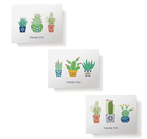 Image of Twigs Paper Cacti Thank You Cards, 12 Blank Note Cards with Envelopes | Small size, gratitude & appreciation notes, hand-illustrated artwork, stationery, bulk value set