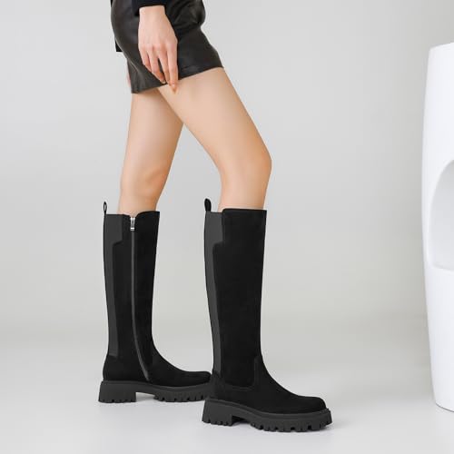 Image of TEAIEU Knee High Boots for Women, Platform Chunky Block Low Heel Tall Boots, Round Toe Side Zipper Fall Long Boots for Dress, Stretch Calf, Comfortable