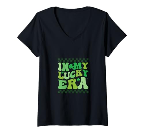 Femme Chemise rétro Groovy St Patrick avec trèfle irlandais et inscription My Lucky Era T-Shirt avec Col en V