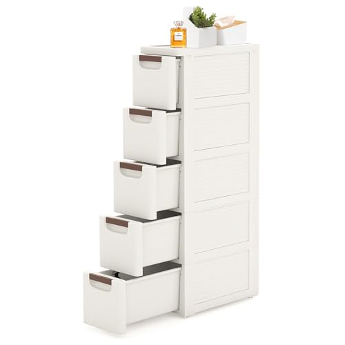 5 Drawers Slim Bathroom Storage Cabinet Dresser, Narrow Plastic Rolling Cart Organizer with Drawers, for Small Spaces, Kitchen, Laundry, Office, Bedroom, White
