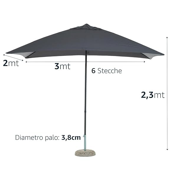 Sicignano | Ombrellone Lipari 3x2 Giardino Antracite, 6 Stecche in Ferro, Telo Poliestere 180 g/m², H.230 cm, Palo Ø3,8 cm - Terrazzo Piscina Ristoranti (Ombrellone senza Base)