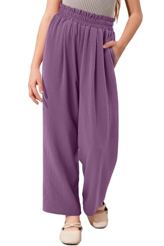 Yoklass Big Girls Purple Pants Casual Solid Fall Winter Trousers Fashion Wide Leg Pant 13-14 Years