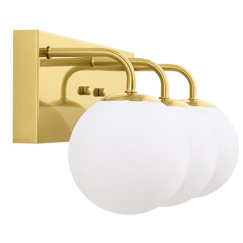 Image of Mid Century Modern Bathroom Light Fixtures, 3-Light Gold Vanity Lights Bathroom Lighting Fixtures Over Mirror, Gold Wall Sconces Wall Lighting with Globe Frosted Milk Glass