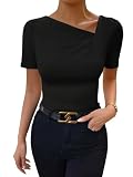 SweatyRocks Women's Asymmetrical Neck Ruched Tee Solid Short Sleeve T Shirts Black Large