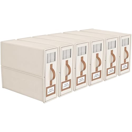 BigPonPon 6 Pack Foldable Bed Sheets Set Organizers and Storage(King & Queen Size),Linen Fabric Closet Organizers with Window,Folding Bedding Storage Box for Bedsheets and Pillow Cube Organizer-Beige