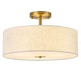 Bargeni Semi Flush Mount Ceiling Light Fixture,16 inch Drum Flush Mount Ceiling Light, Modern Light Fixtures Ceiling Mount with Matte Brass Finish, Semi Flush Ceiling Light for Bedroom,Dining Room