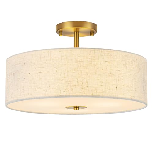 Bargeni Semi Flush Mount Ceiling Light Fixture,16 inch Drum Flush Mount Ceiling Light, Modern Light Fixtures Ceiling Mount with Matte Brass Finish, Semi Flush Ceiling Light for Bedroom,Dining Room