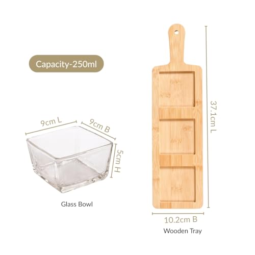 Image of Nestasia Square Glass Bowls Set of 3 (250 ml Each) with Wooden Tray | Transparent Katori for Dessert & Ice Cream, Snacks & Dry Fruits Serving Set for Dining Table, Home & Kitchen - Perfect for Gifting