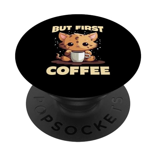 coffee first sweet cat kitty caffeine lovers PopSockets Swappable PopGrip, Black