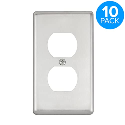 Maxxima 10 Pack 1 Gang Duplex Receptacle Metal Wall Plate, Stainless Steel, Standard Size Outlet Cover (Pack Of 10) #TOP1