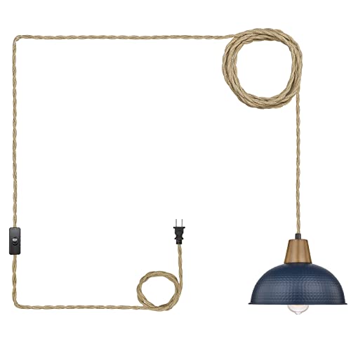 Emliviar Modern Hanging Light With Plug In Cord - Metal Dome Pendant Light Fixture With 15Ft Twisted Hemp Rope For Diy Projects Decoration, Blue Finish, Ge268Mil Bl+Wd #TOP14