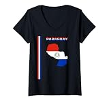 Mujer Bandera paraguaya vertical, texto 'PARAGUAY' y mapa de silueta Camiseta Cuello V