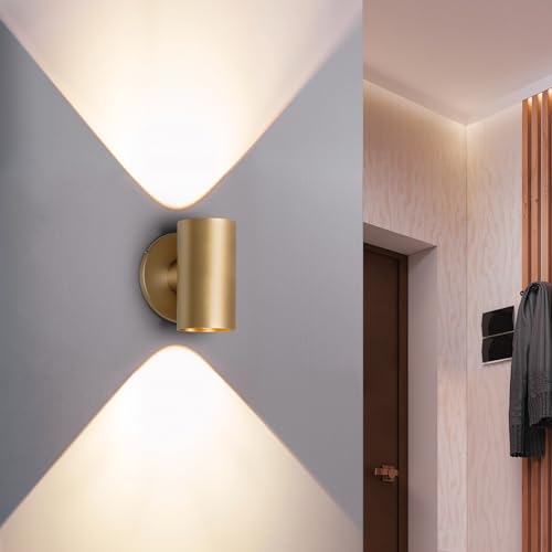Tubicen Up Down Wall Sconce Indoor Dimmable Home Theater Wall Sconces 7W Bright Indoor LED Cylinder Wall Lights for Living Room Hallway Stairway Hardwired 5.4" H Gold