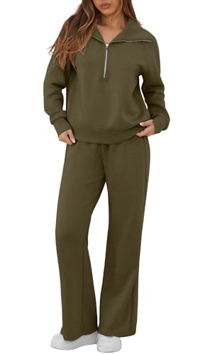 OLRIK - OLRIK Airport Outfits Comfy Casual Quarter Zip Sweater Two Piece Workout Sets For Women with Pockets Army Green-L