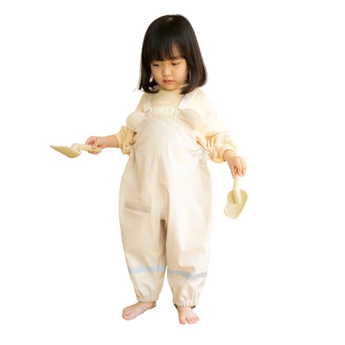 AGUARD Rain Pants Kids Suspender Waterproof Lightweight for Kid, Toddler Dirty Proof for Boys and Girls for 6+ Age Ivory