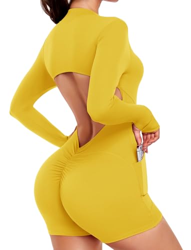 STARBILD Women's Short Jumpsuit with Pockets Backless V Scrunch, Long Sleeve with Thumb Holes, Front Zip Playsuits Cutout Back, One Piece Rompers Booty Lift with Removable Pads, Sunshine Yellow S