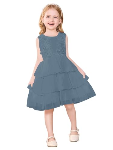 Lace Applique Flower Girl Dress for Wedding Chiffon Tiered Sleeveless A-Line Short Crew Neck Princess Ball Gowns