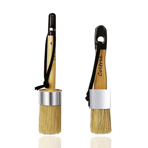 Chalk Paint Brushes for Furniture, 2 Pcs Boar Hair Bristles Round/Flat Wax Paint Brushes, Suitable for Chalk Paint and Wax