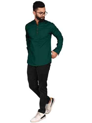 Image of ROYALSCOUT Men Cotton Blend Short Kurta with Mandarin Collar and Button Placket | Full Sleeve Regular Fit Ethnic Wear for Casual and Festive Use
