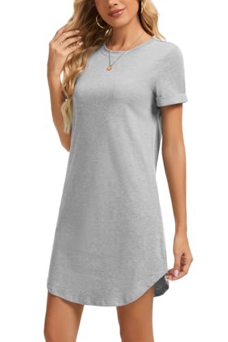Image of Women's Casual Summer Short Sleeve T-Shirt Dress Crew Neck Loose Solid Color Basic Beach Dresses with Pockets