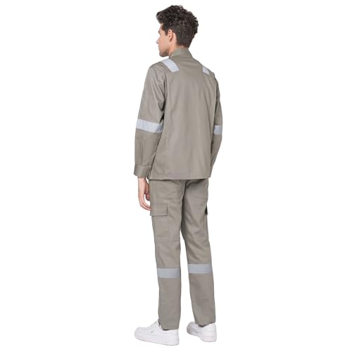 Image of Men's 100% Cotton Industrial Workwear Jacket & Pant Set with Reflective Tape, OEKOTEX, 200 GSM.