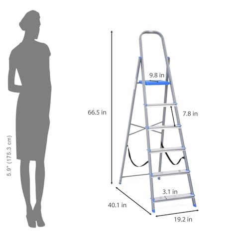 Image of Nilkamal Rise 6 Step Heavy Duty Steel Ladder with Aluminium Steps | for Home Use | Climb Easy Anti-Slip Steps | Secure Safety Clutch Lock | 150 kg Capacity | 1 Year Warranty
