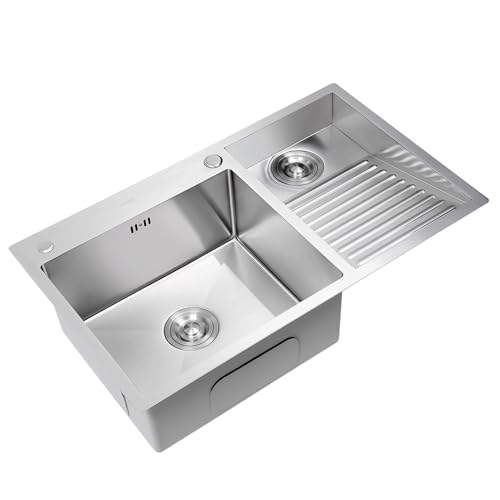 AIVANOTO Lavandino per Lavanderia in Acciaio Inossidabile, con ASSE per Lavare Integrata, Vasca per Lavare Le Mani, con Pannello Spesso, Lavello per Lavanderia di Servizio, Lavabo(Right,70x48x22cm)