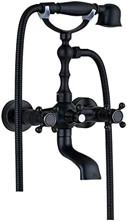 GLJTUO Retro Style Brass Bathtub Shower Faucet Set Dual Knobs Wall Mounted Bathtub Mixer with Handshower and Swivel Tub Spout Tap,Antique Brass A,Golden A,Black Bronze B