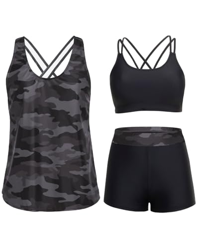 Image of Holipick 3 Piece Tankini Swimsuits for Women Tummy Control Bathing Suits Swim Tank Top with Bra Boy Shorts Teen Swimwear 2026