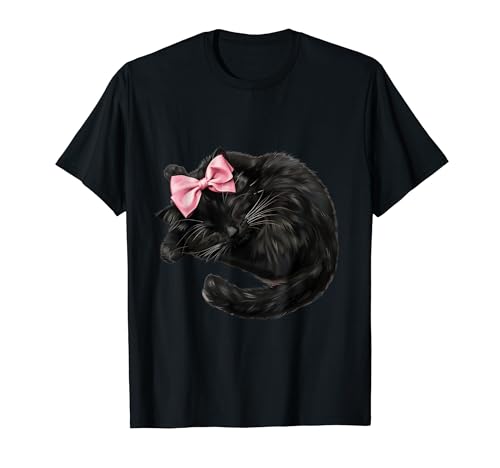 Preppy Cat Names Black Cat With Bow T-Shirt for Men Women Kids