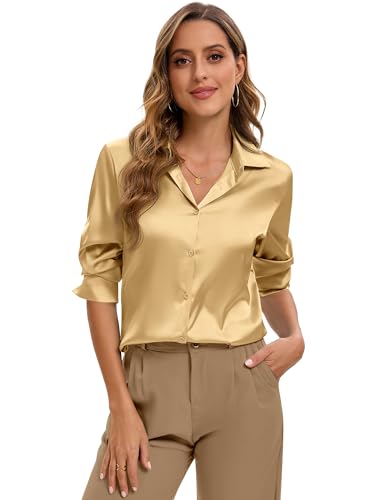 Image of Premium Soft Breathable Stretch Satin Silk Button Down Shirts for Women Long Sleeve Leopard Blouses Work Dress Tops